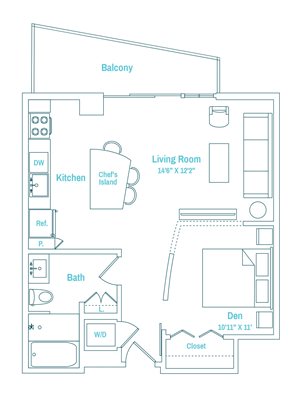 A floor plan of a small apartment with a living room, kitchen, bathroom, and den.